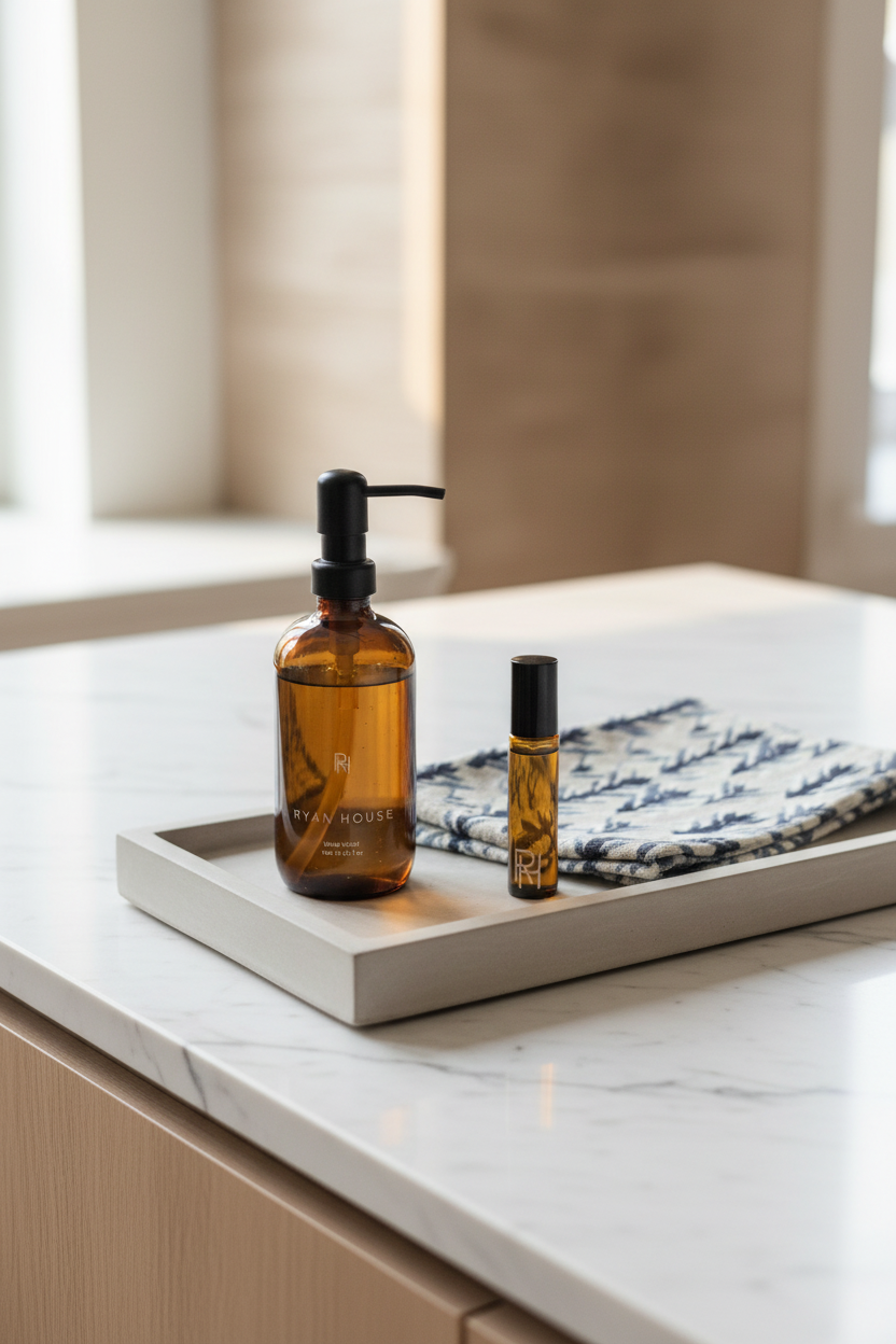Ryan House Perfume Roller Ball and Hand Soap on a marble tray in a modern bathroom