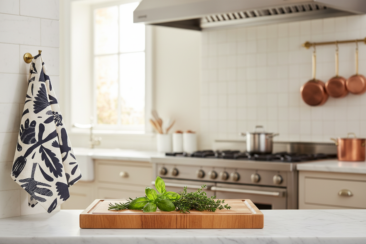 Sparrow tea towel in chef's kitchen with herbs
